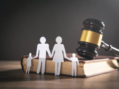 Paper cut family, judge gavel and book. Family Law